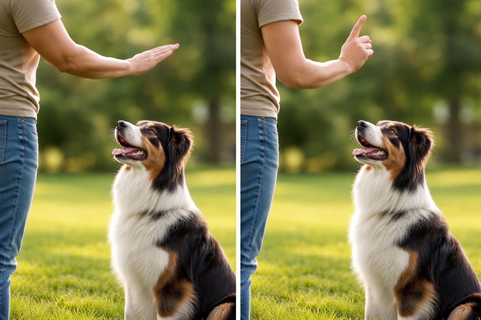 A person training a medium-sized dog outdoors using clear hand signals while the dog attentively watches.