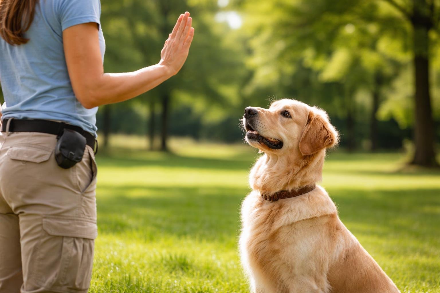 A dog sitting attentively in front of a trainer who is showing a hand signal during an outdoor training session.