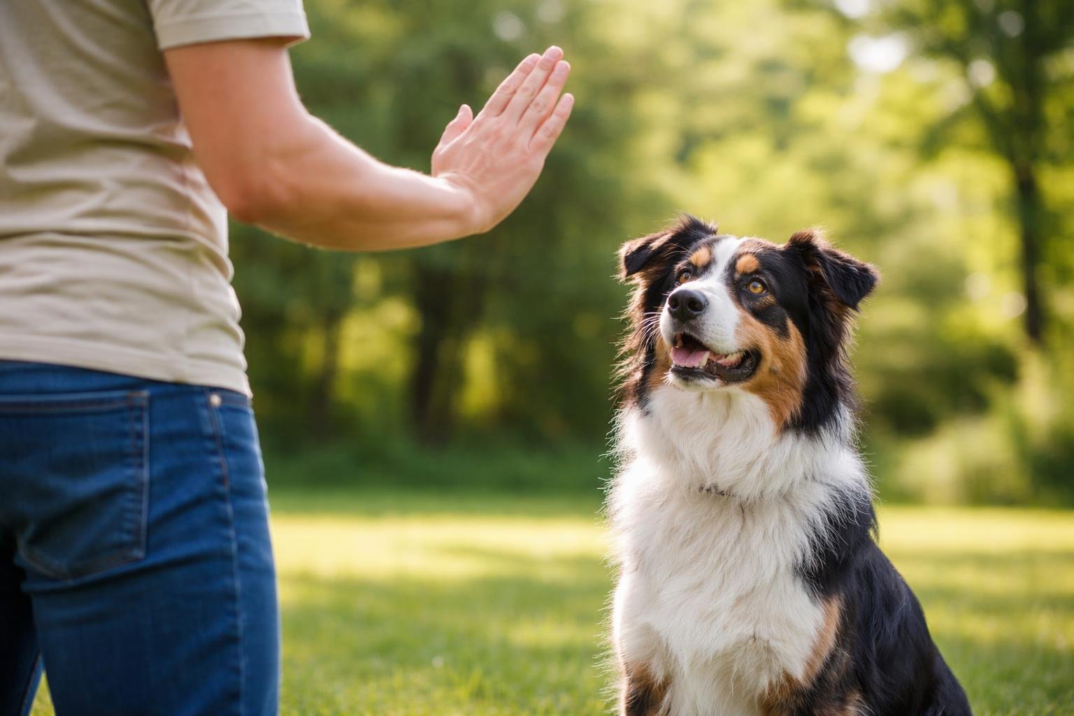 A person outdoors demonstrating a hand signal to an attentive dog during a training session.