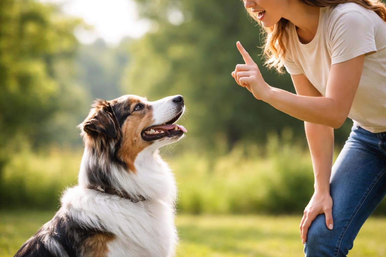 A person training a dog outdoors using a hand signal while giving a verbal command.