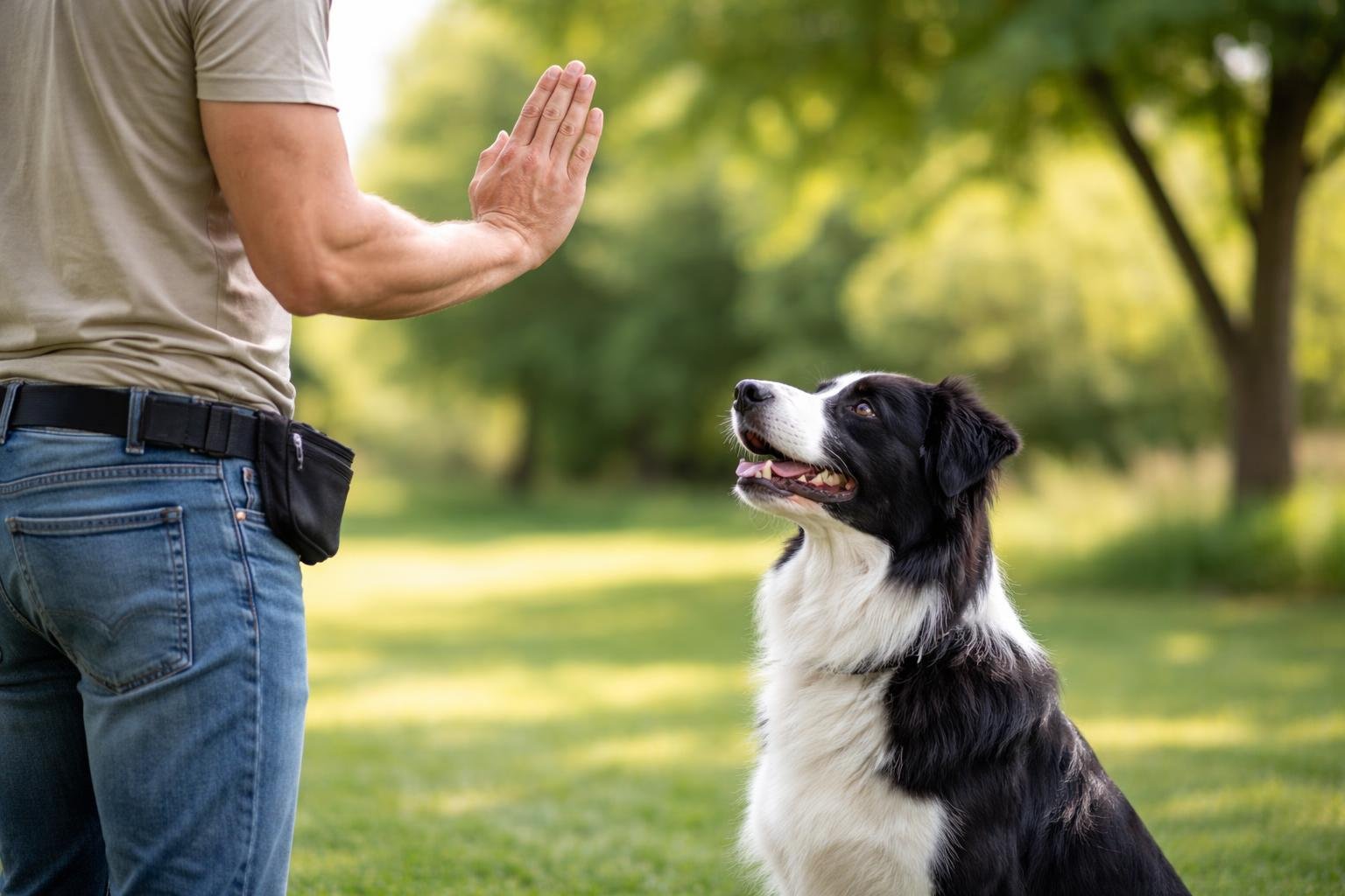 A person demonstrating a hand signal to a sitting dog in an outdoor training area.