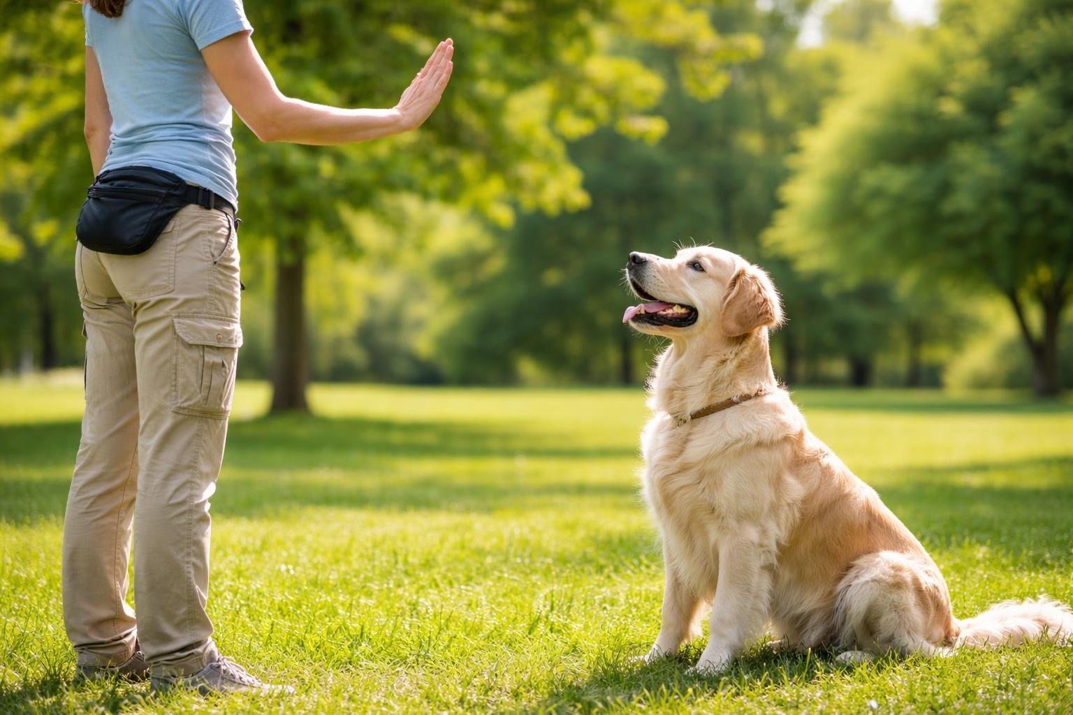 A person outdoors demonstrating a hand signal to a dog that is attentively watching.