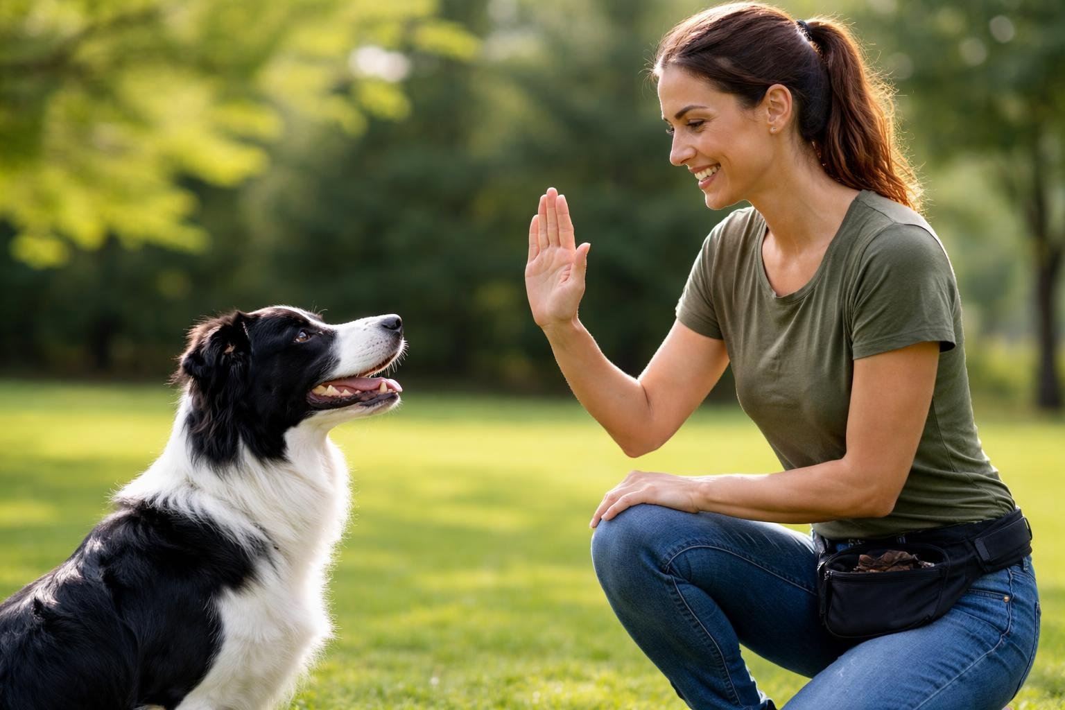 A person outdoors training a dog using a hand signal while the dog attentively watches.