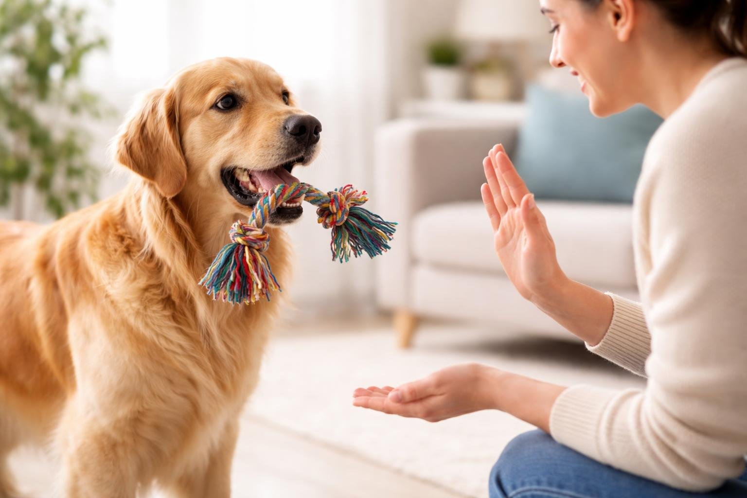 A person teaching a dog to drop a toy, with the dog releasing the toy from its mouth while the person gives a hand signal indoors.