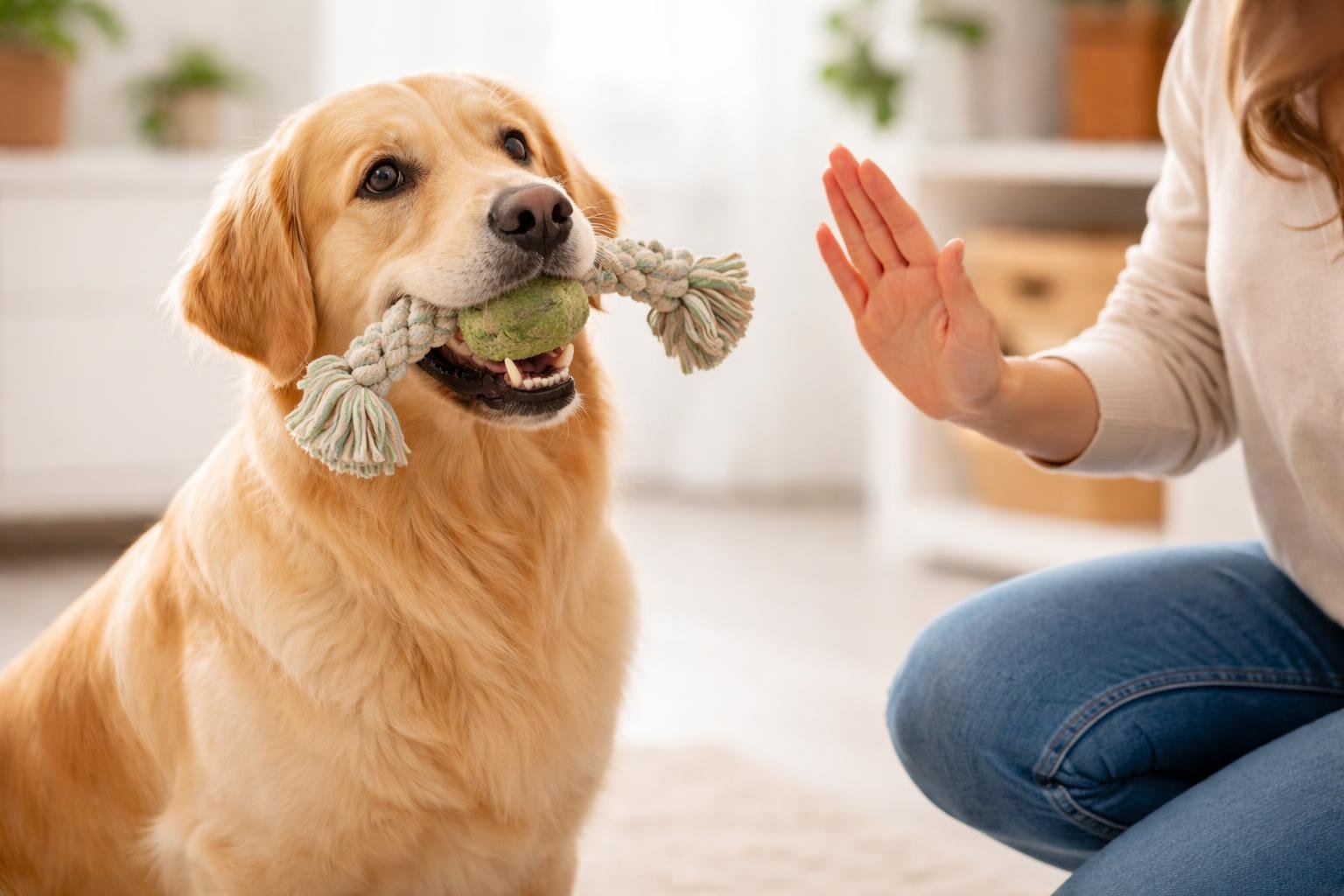 A dog holding a toy in its mouth while a person signals it to drop the object during training.