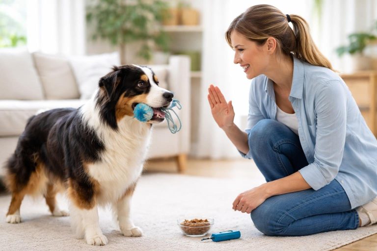 A person kneeling and training a dog to drop a toy on command indoors.