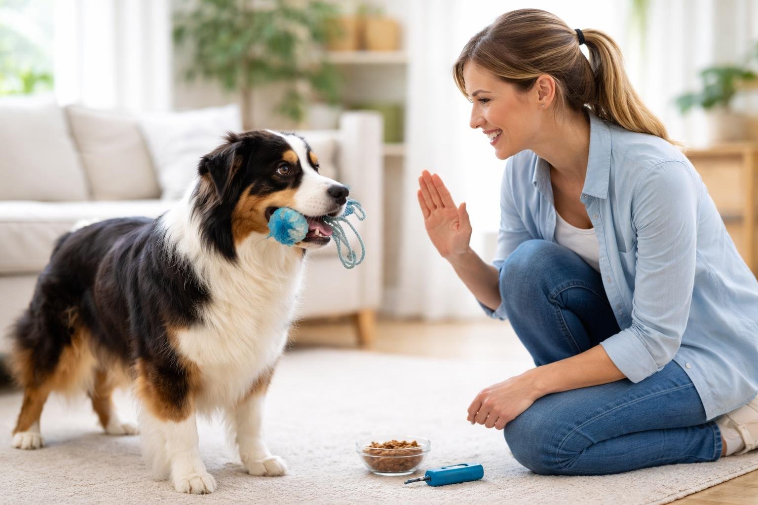 A person kneeling and training a dog to drop a toy on command indoors.