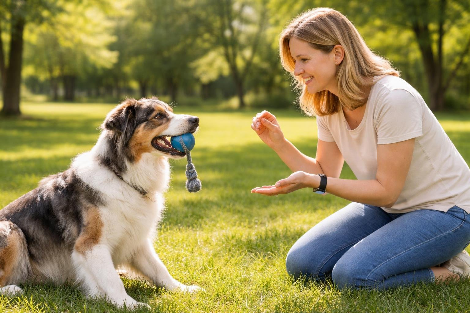 A person training a dog outdoors by encouraging it to drop an object from its mouth using a treat.