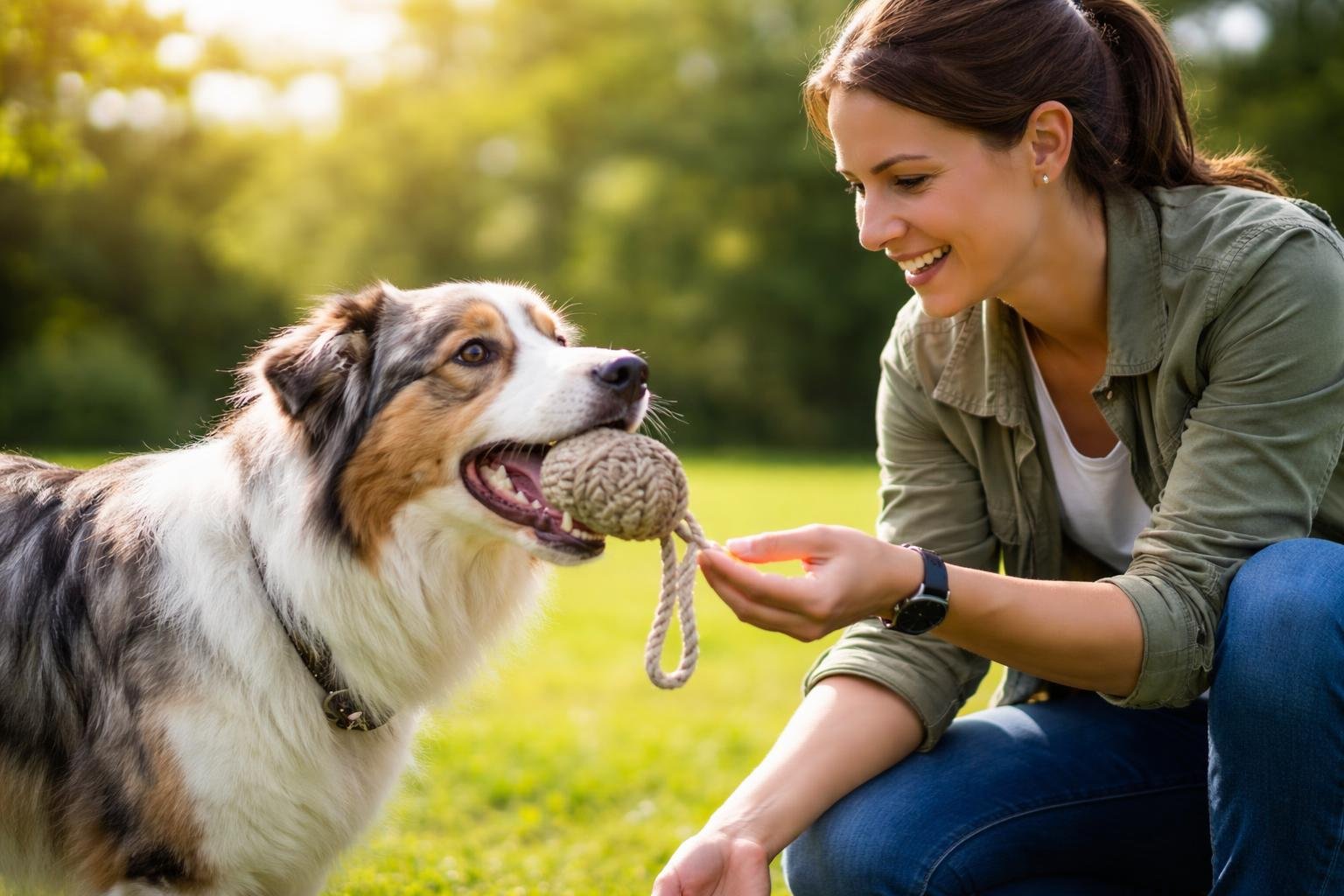 A person outdoors training a dog to release a toy on command, smiling and encouraging the dog in a green park.