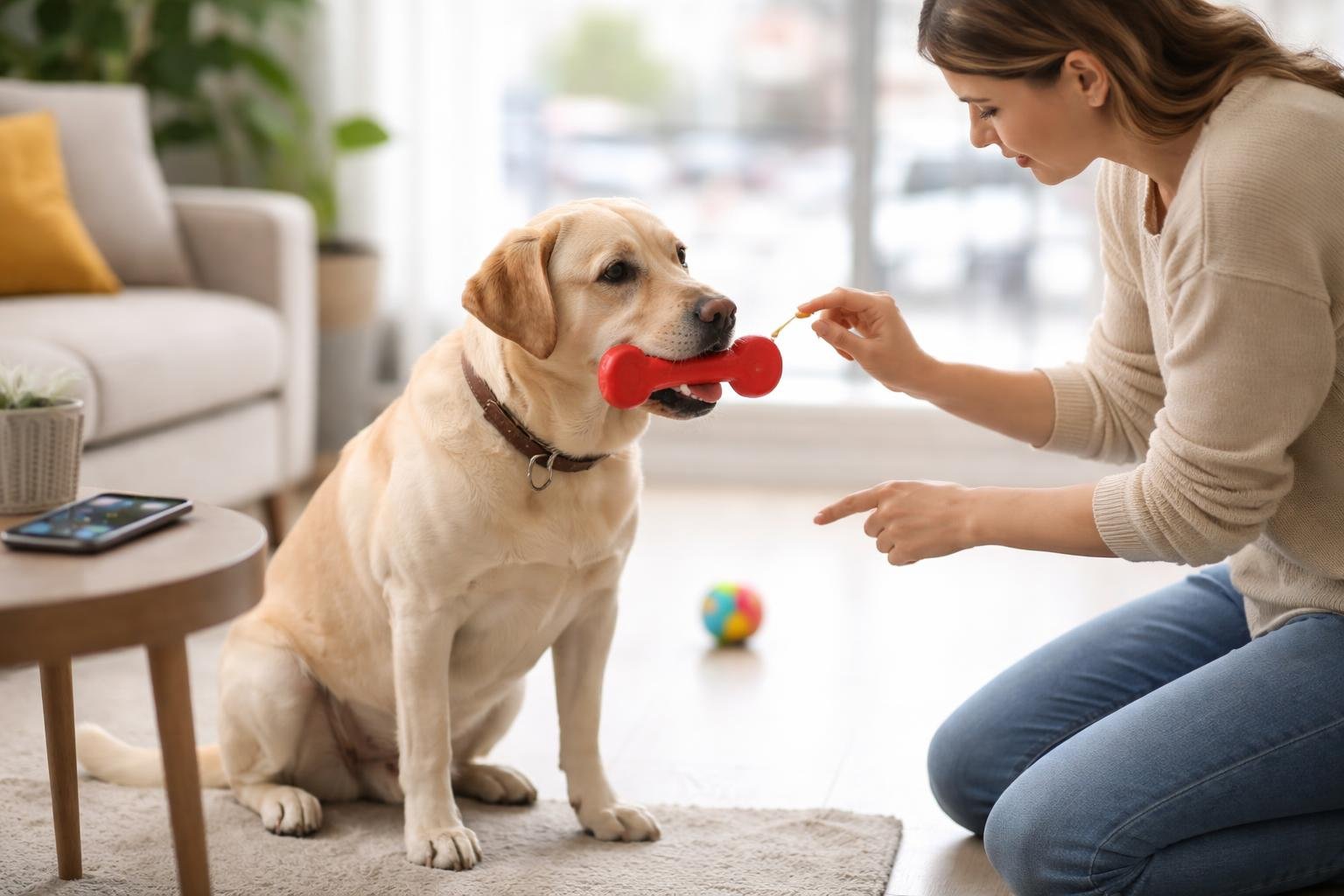A dog owner training a Labrador Retriever to drop a toy while distractions like a ringing phone and a bouncing ball are nearby.