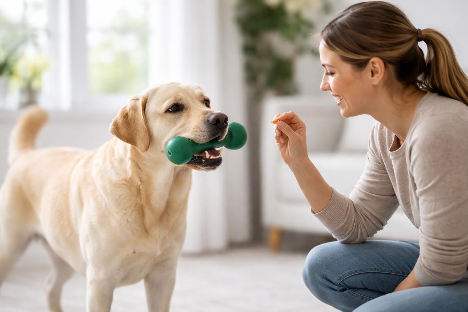 A person training a dog to drop an object by offering a treat indoors.
