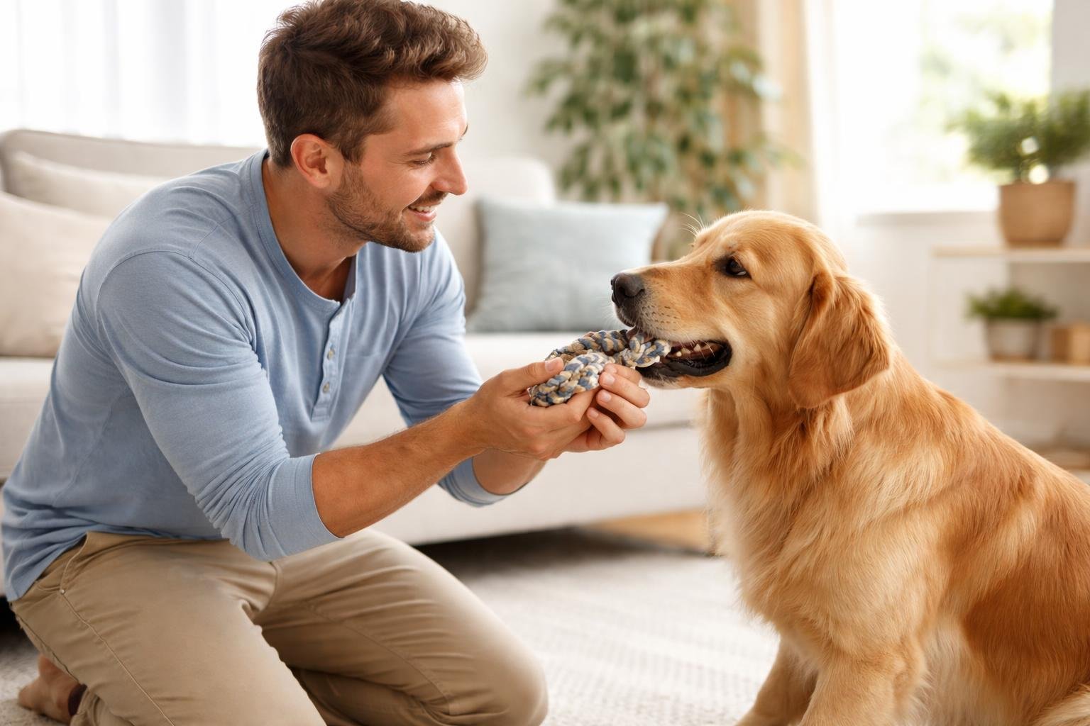 A person kneeling on the floor training a dog to drop a toy in a bright living room.
