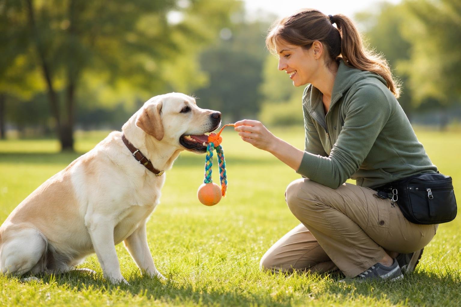 A dog trainer outdoors teaching a Labrador Retriever to drop a toy on command by offering a treat.