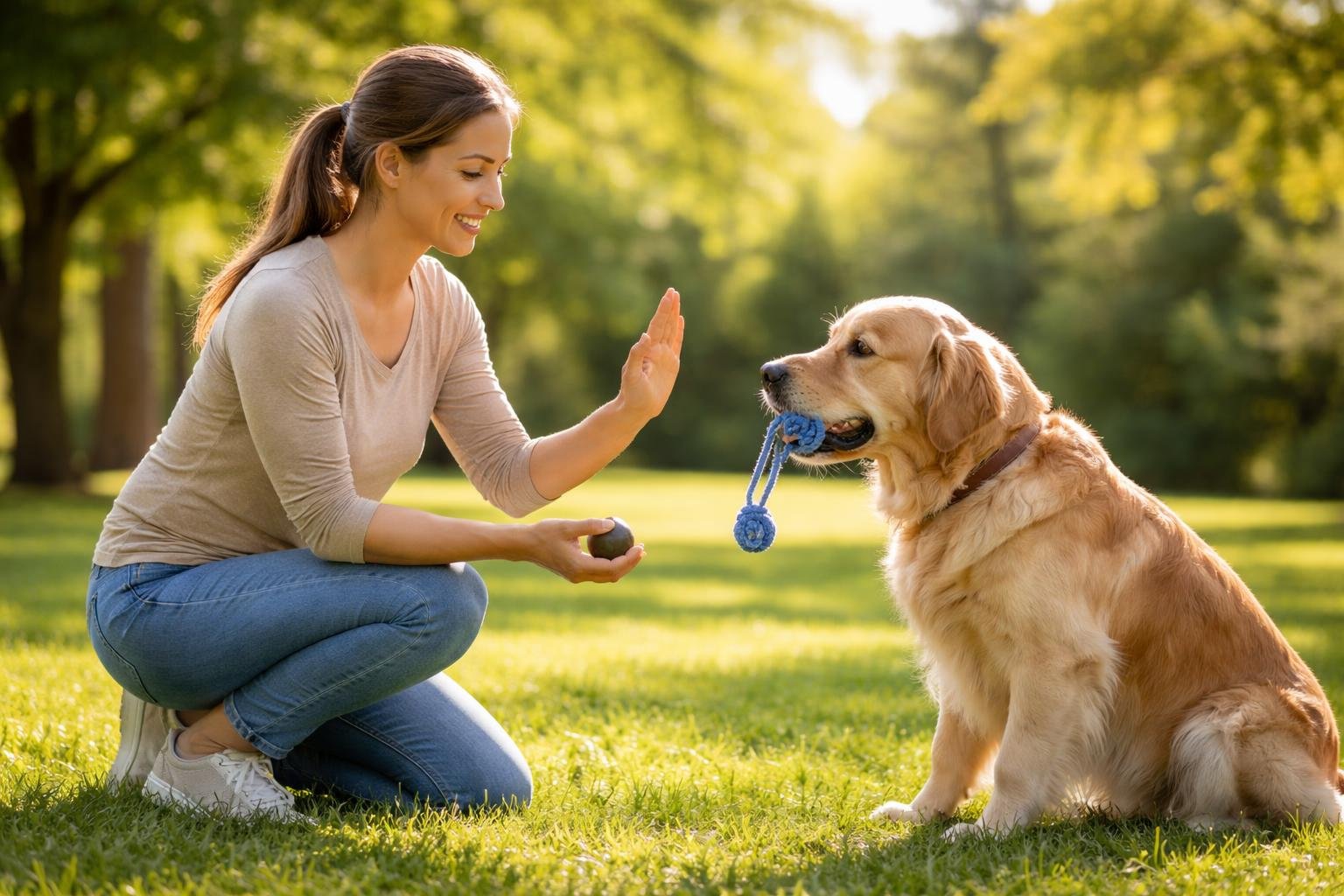 A woman training her golden retriever dog outdoors, encouraging it to drop an object from its mouth.