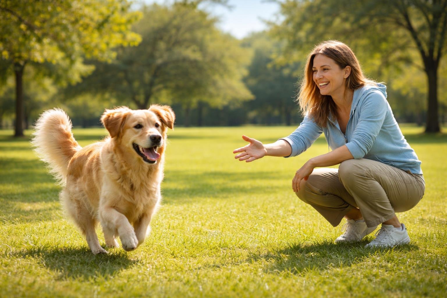 A woman calling her dog who is running towards her in a sunny park.