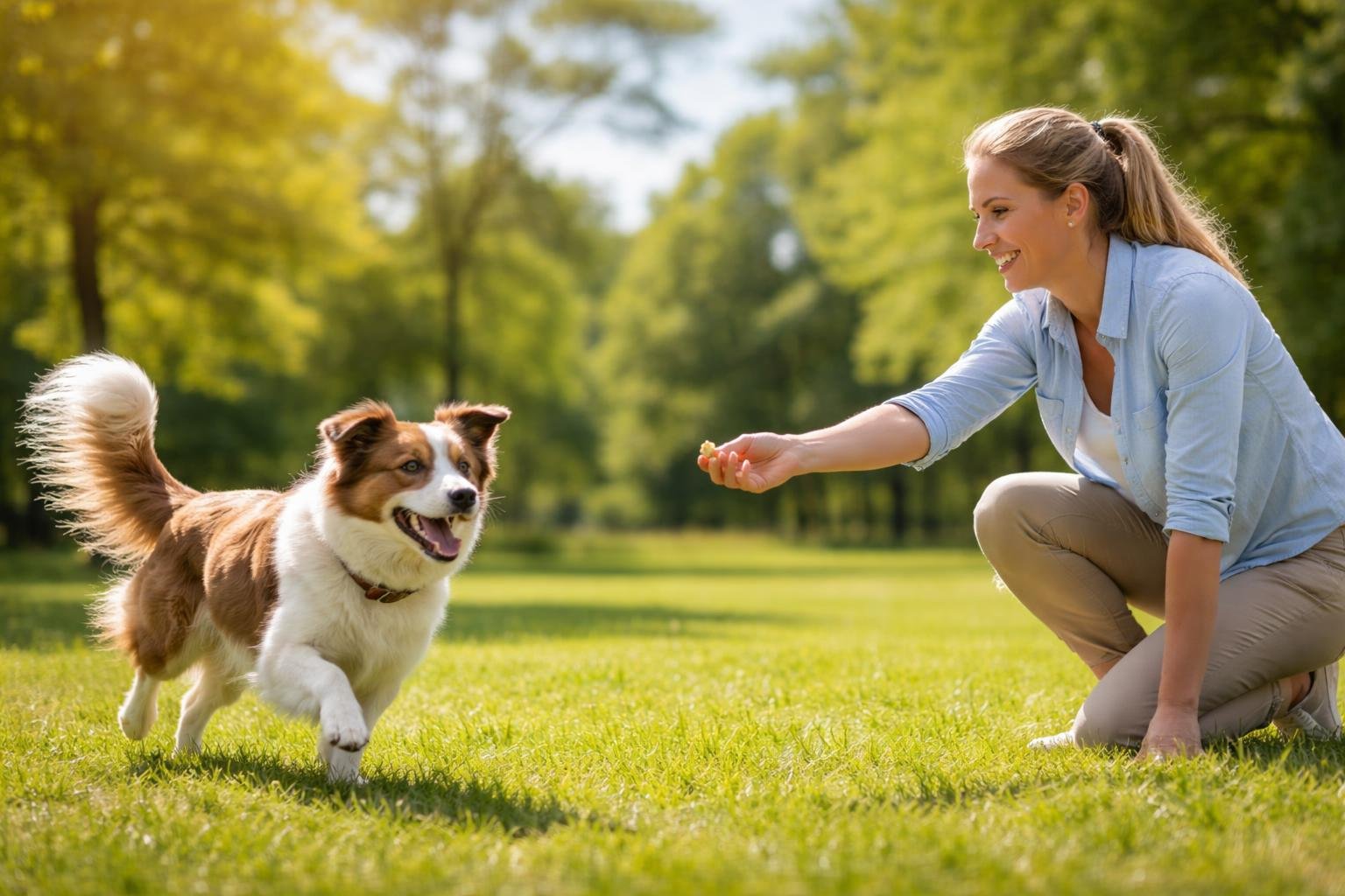A person kneeling on grass in a park, training a happy dog that is approaching them.