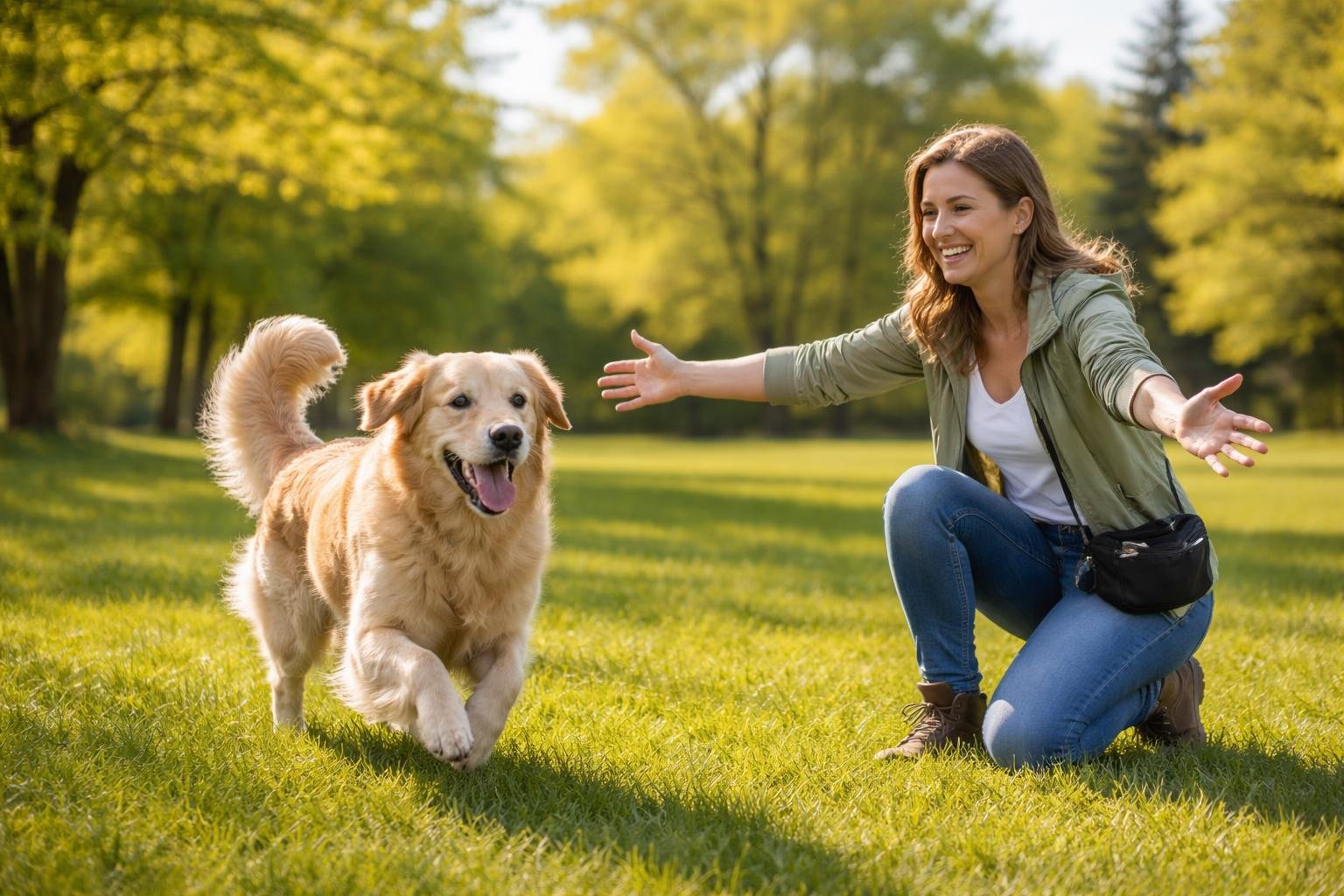 A dog running towards its owner who is kneeling with open arms in a sunny park.