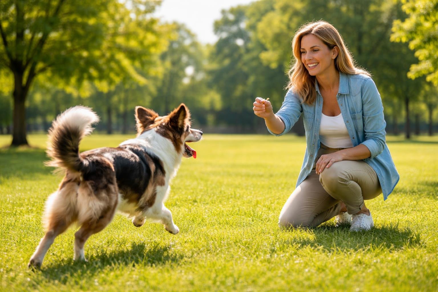 A person kneeling on grass calling a dog that is running eagerly towards them in a sunny park.