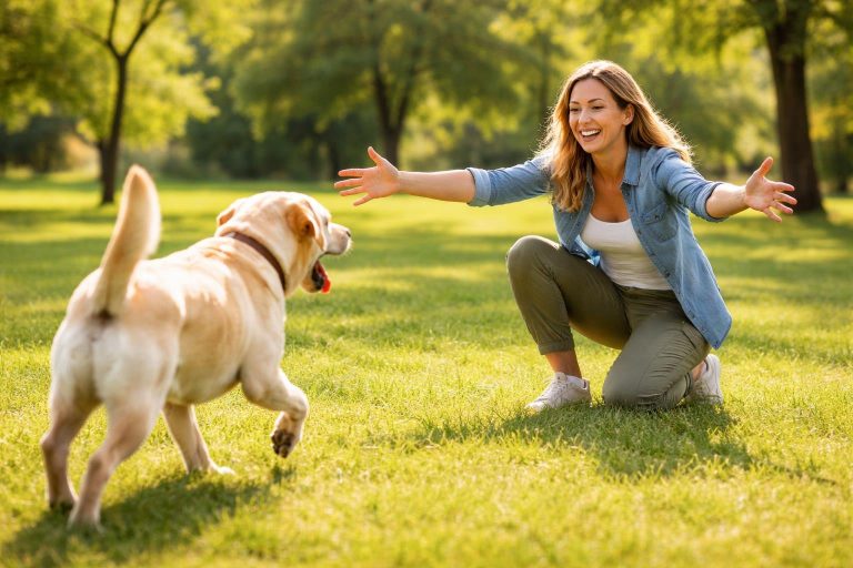 A woman kneeling in a park calling a happy dog running towards her.
