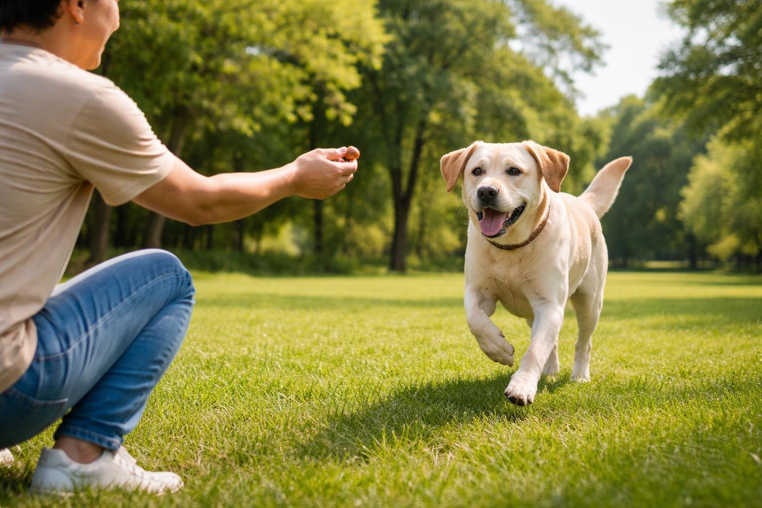 A person training a dog outdoors in a park, encouraging the dog to come towards them.