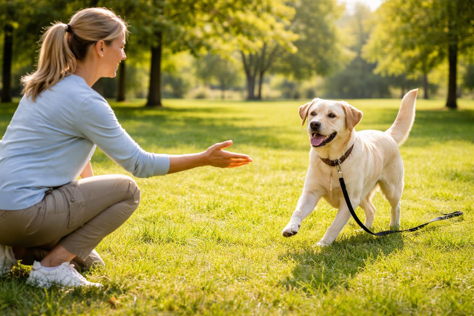 A person training a dog outdoors in a park, calling the dog to come with an outstretched hand.