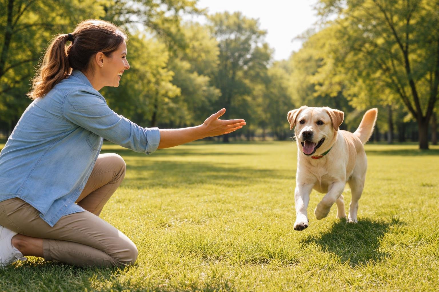 A person in a park calling their dog, which is running towards them on green grass with trees in the background.
