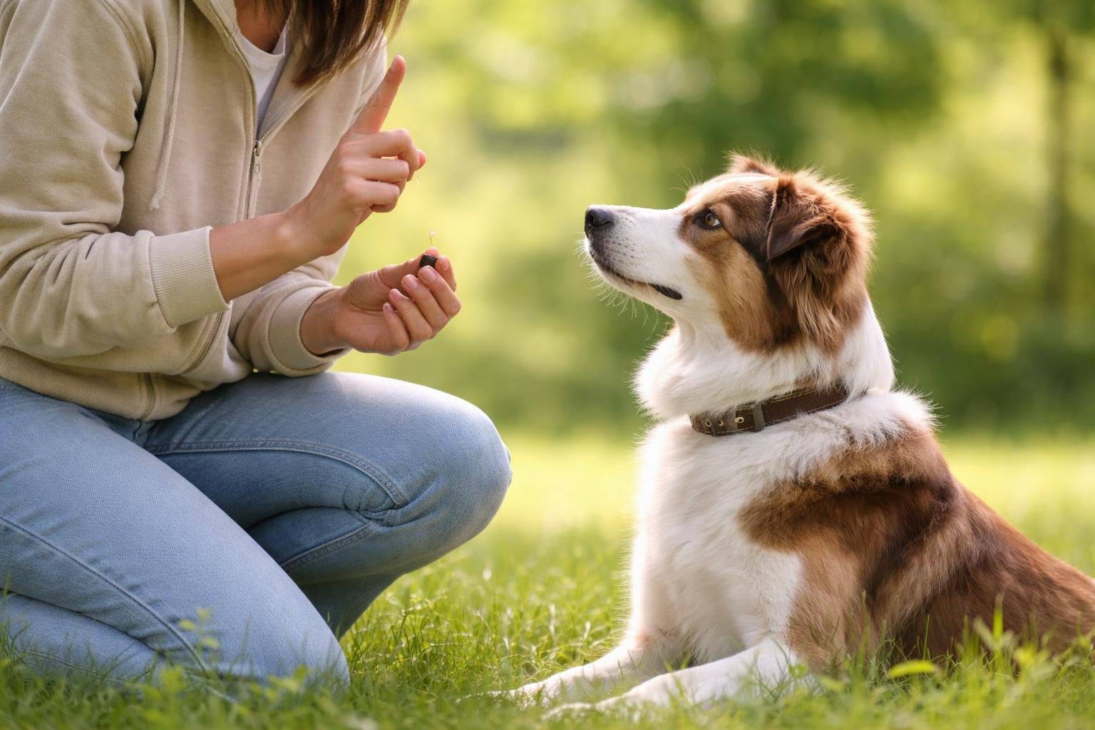 A person kneeling beside a calm dog sitting quietly outdoors on grass, giving a hand signal during training.