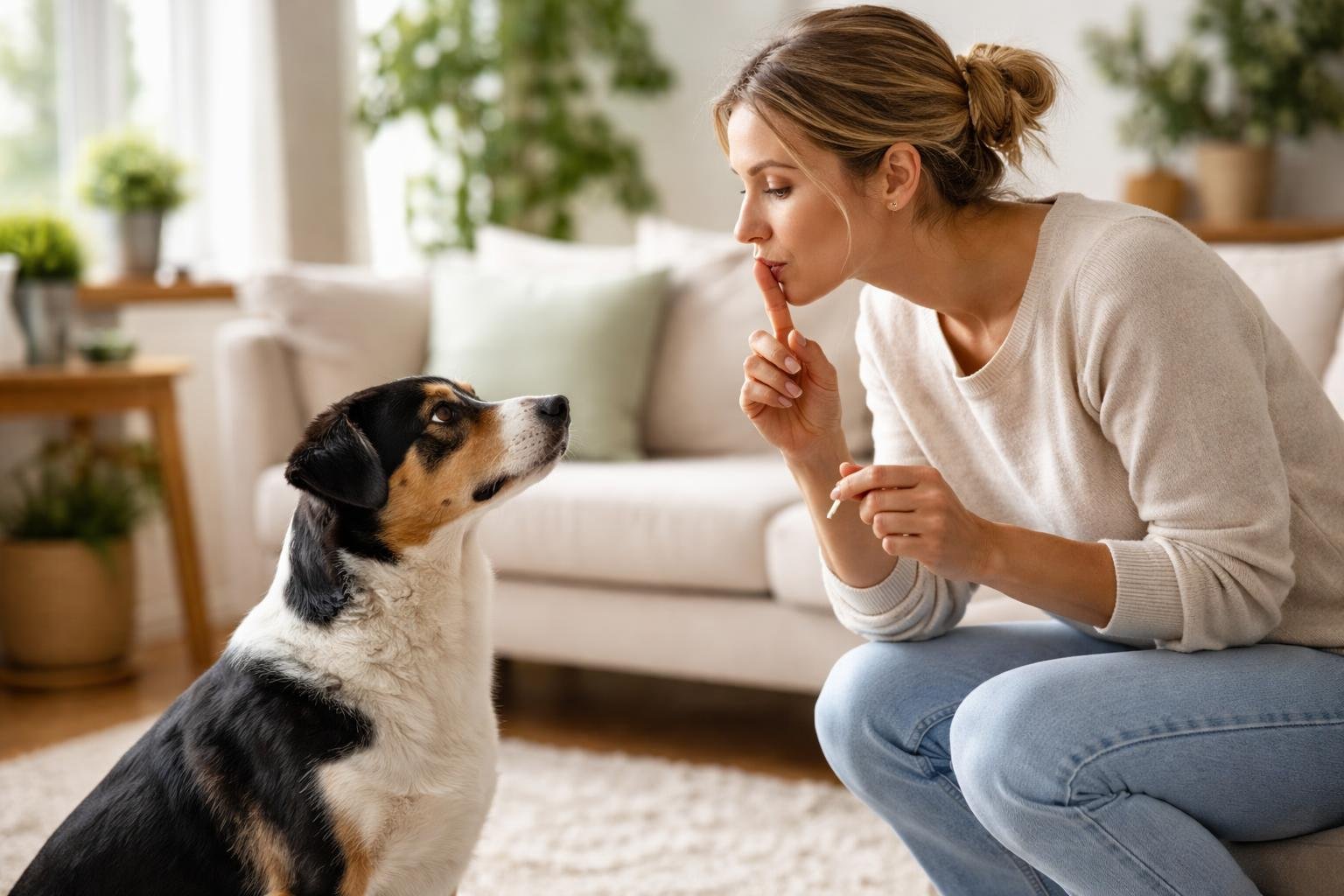 A person teaching a dog to be quiet by holding a finger to their lips while the dog sits attentively in a living room.