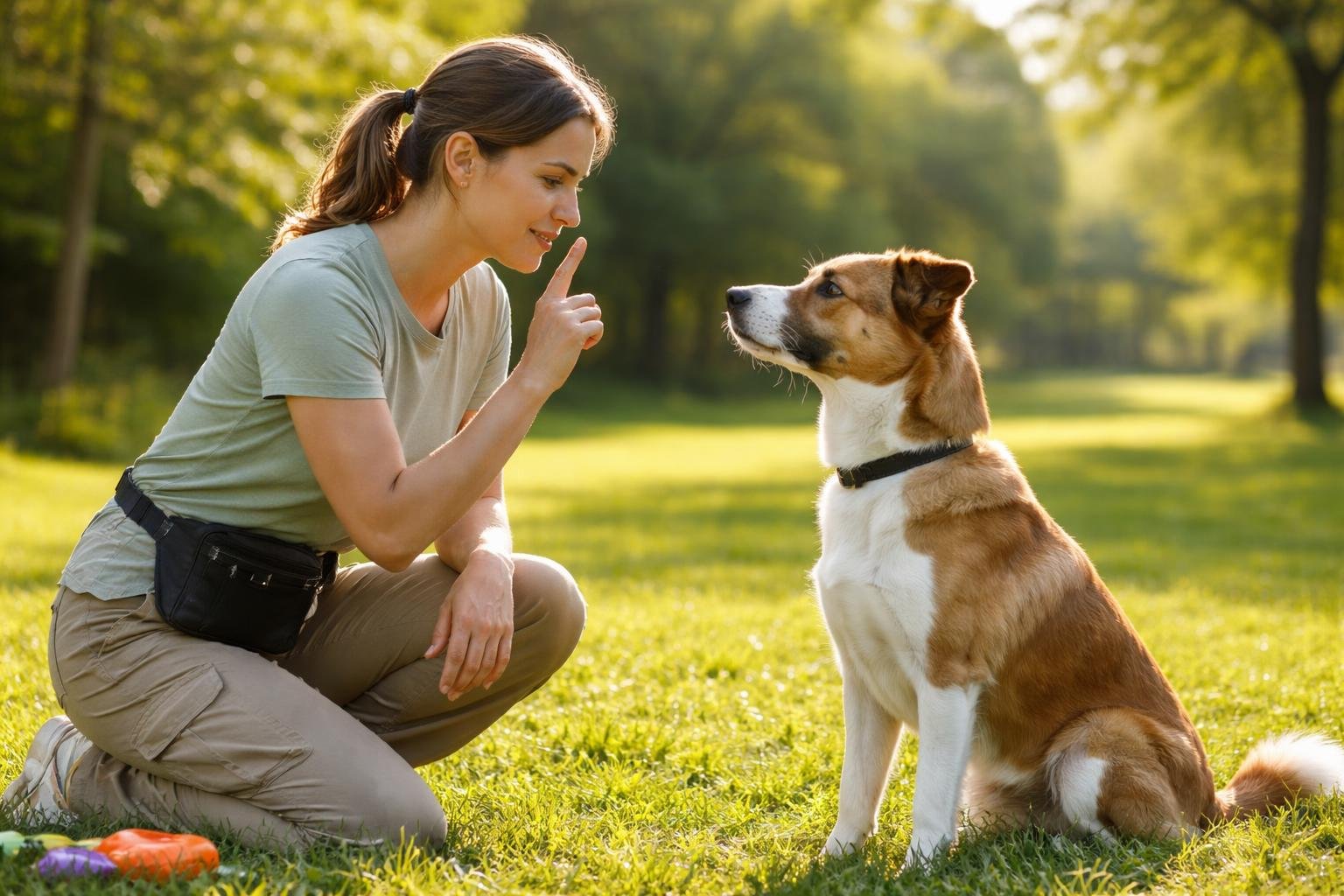 A person kneeling outdoors training a calm dog to stay quiet in a green park.