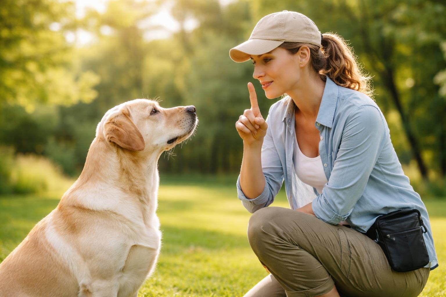 A dog sitting attentively next to a person giving hand signals during a training session outdoors.