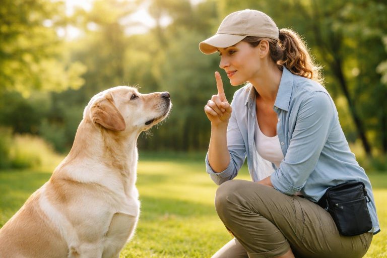 A dog sitting attentively next to a person giving hand signals during a training session outdoors.