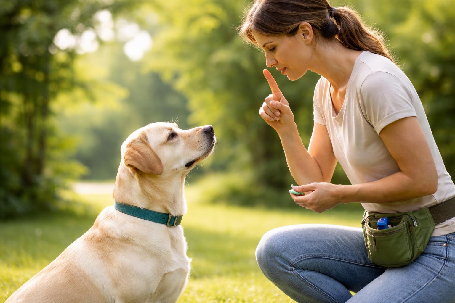 A person training a dog outdoors, using hand signals and treats to teach the dog to be quiet.