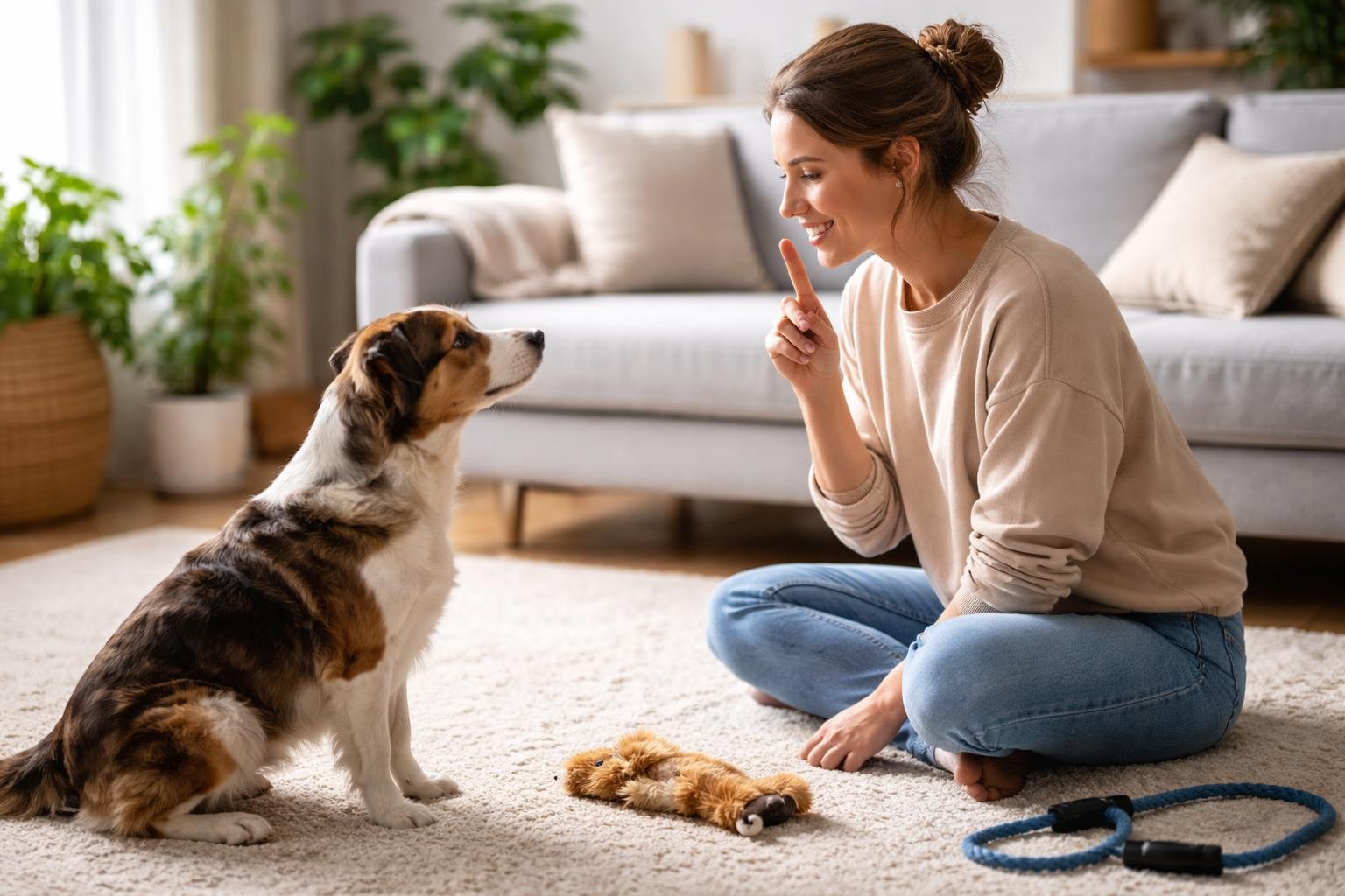 A person teaching a dog to be quiet indoors, with the dog sitting attentively and the person giving hand signals.