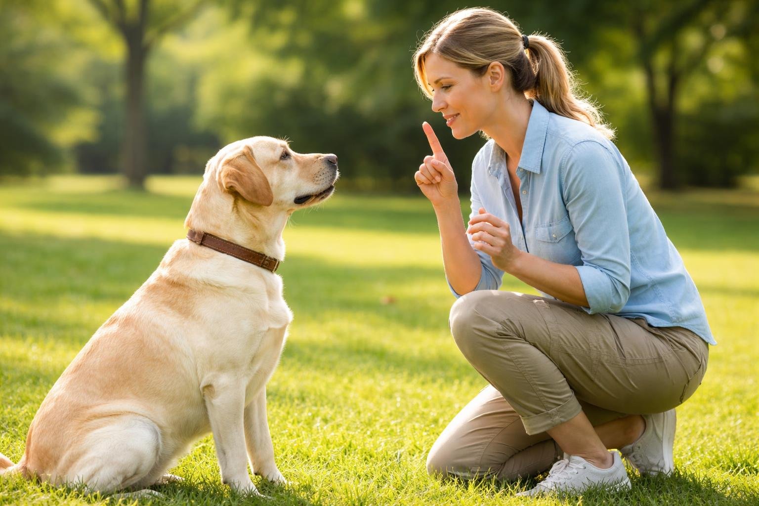 A dog sits attentively in a park while a trainer kneels beside it, giving a quiet command with a hand gesture and treat.