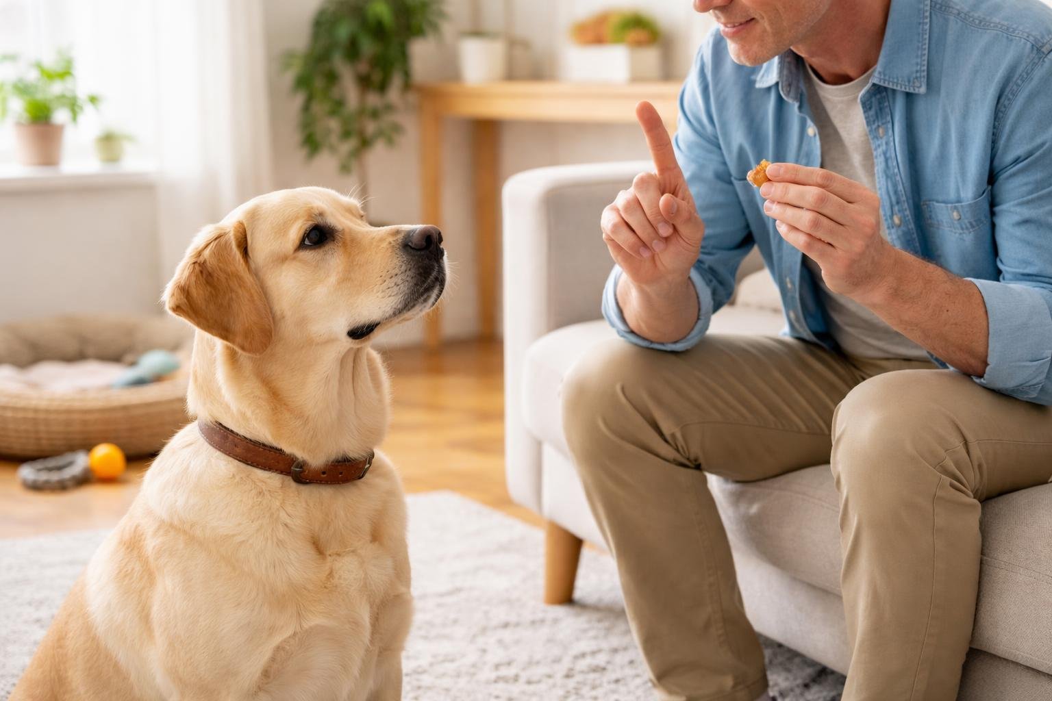 A person giving a quiet command to a calm dog sitting attentively in a bright living room.