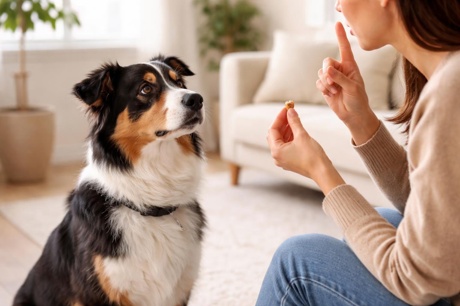 A person training a calm dog to stay quiet using hand signals and treats in a bright living room.
