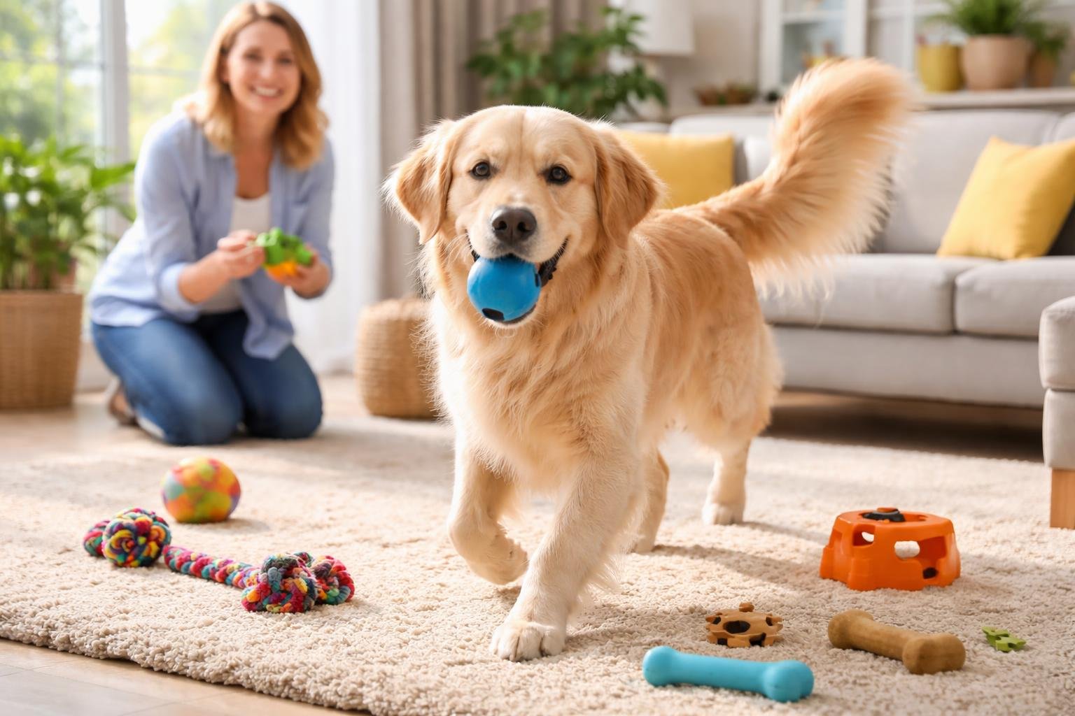A golden retriever playing with toys in a bright living room while a person interacts with it.