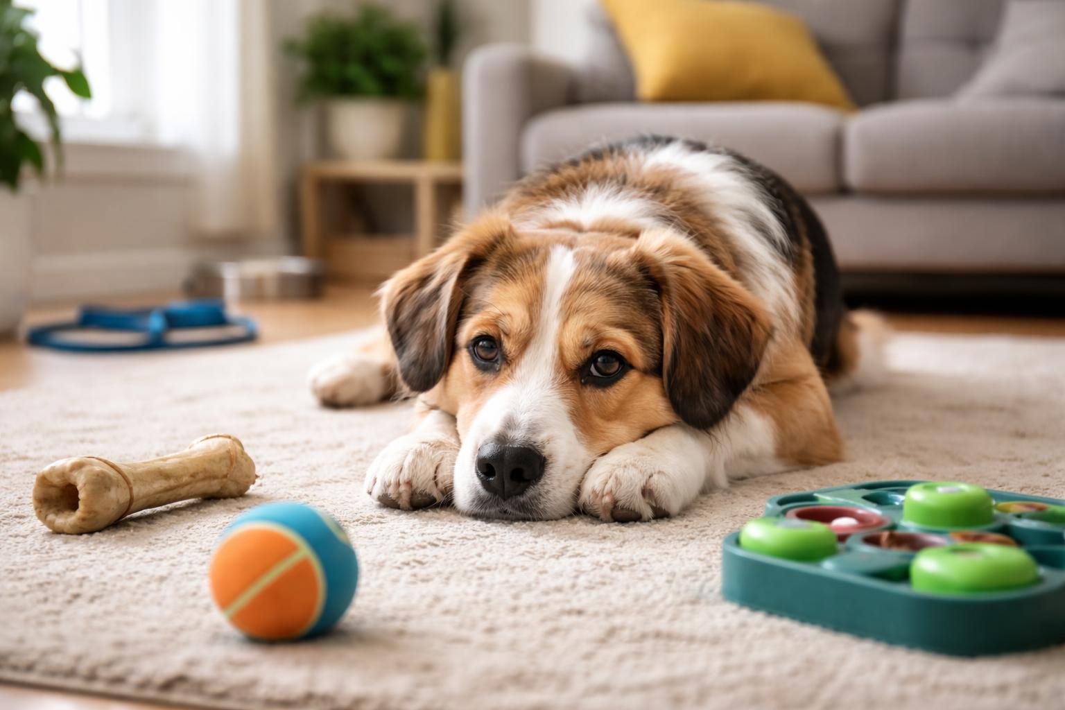 A dog sitting on a living room floor looking bored with scattered toys around it.