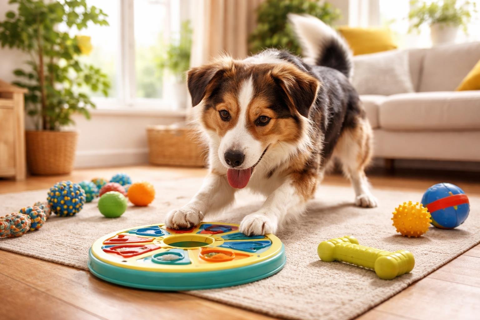 A happy dog playing with interactive toys on a wooden floor inside a cozy living room.