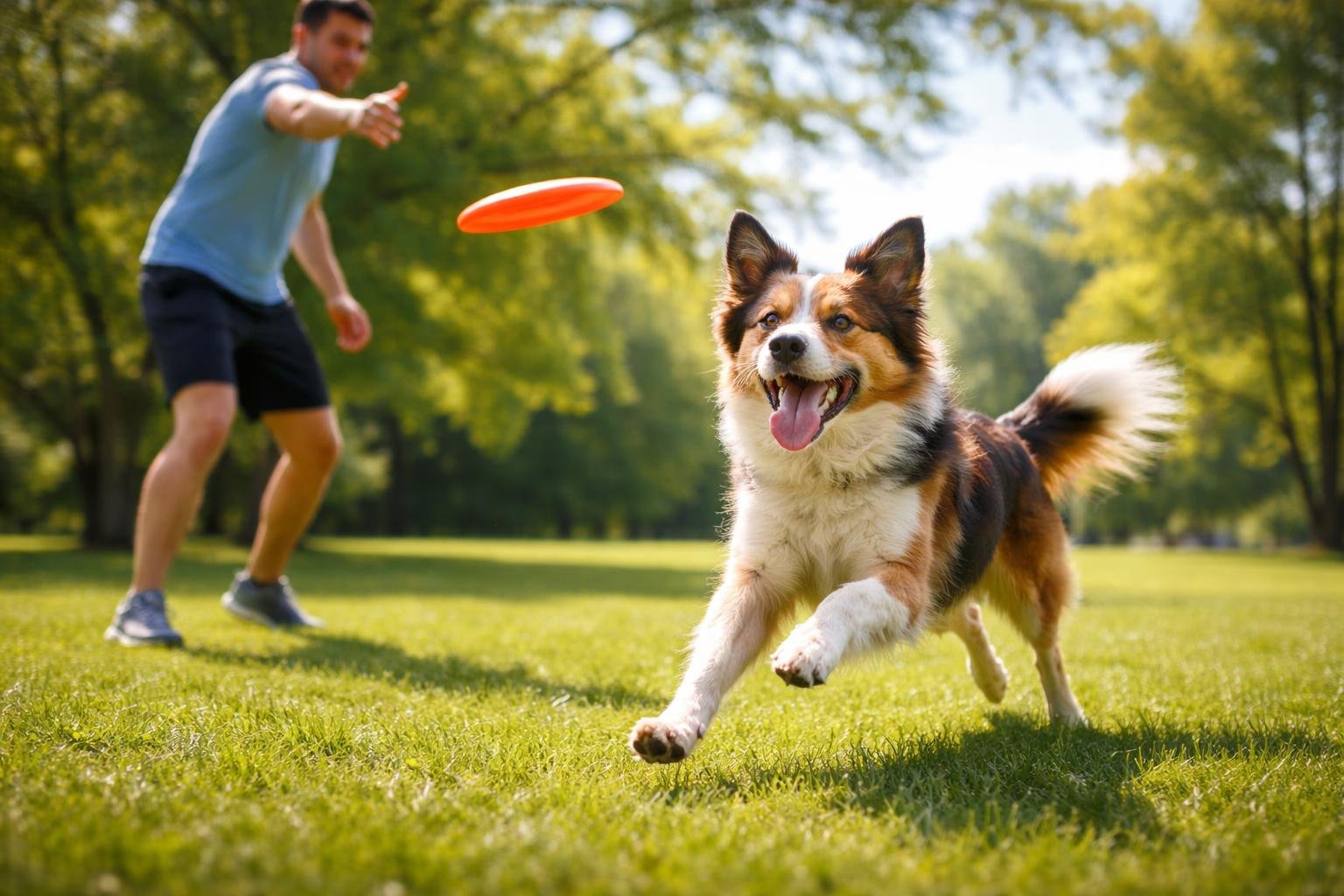 A dog running and playing fetch with a person in a green park on a sunny day.