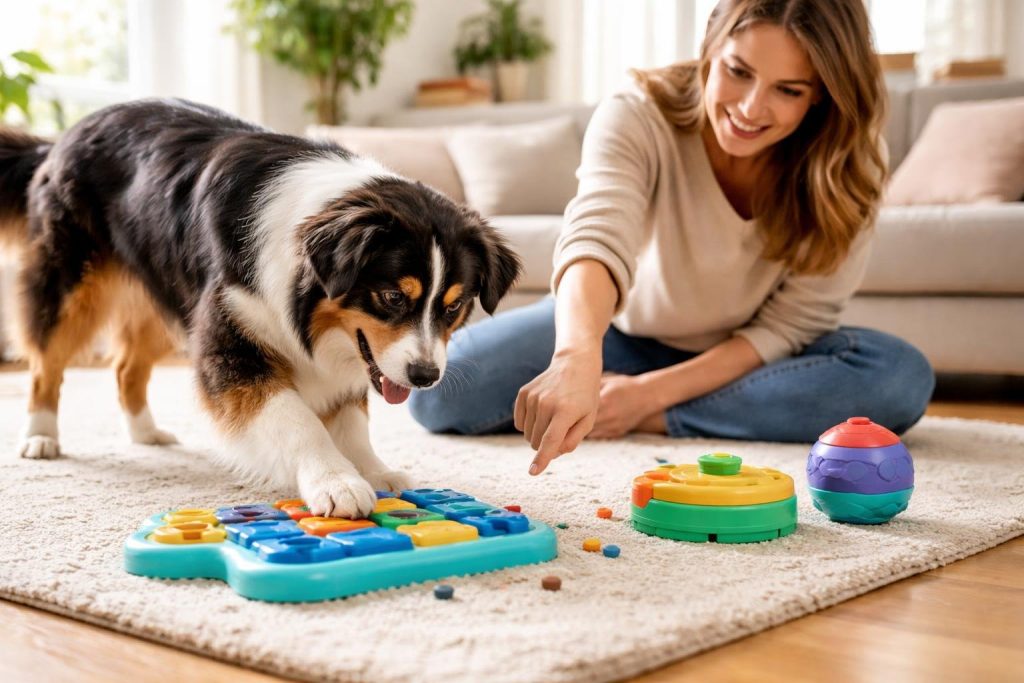 A dog playing with puzzle toys on the floor while its owner watches and encourages it in a bright living room.