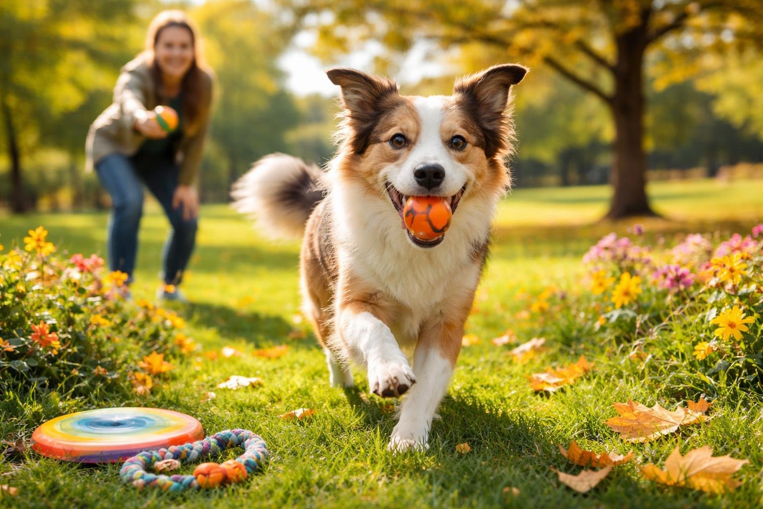A dog playing with toys in a sunny park while a person interacts with it.