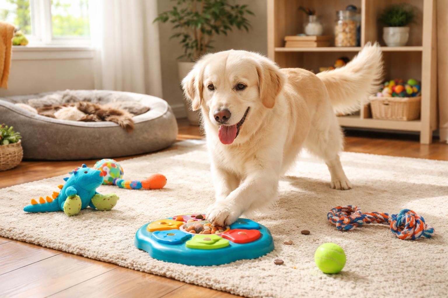 A happy dog playing with toys in a cozy living room filled with natural light.