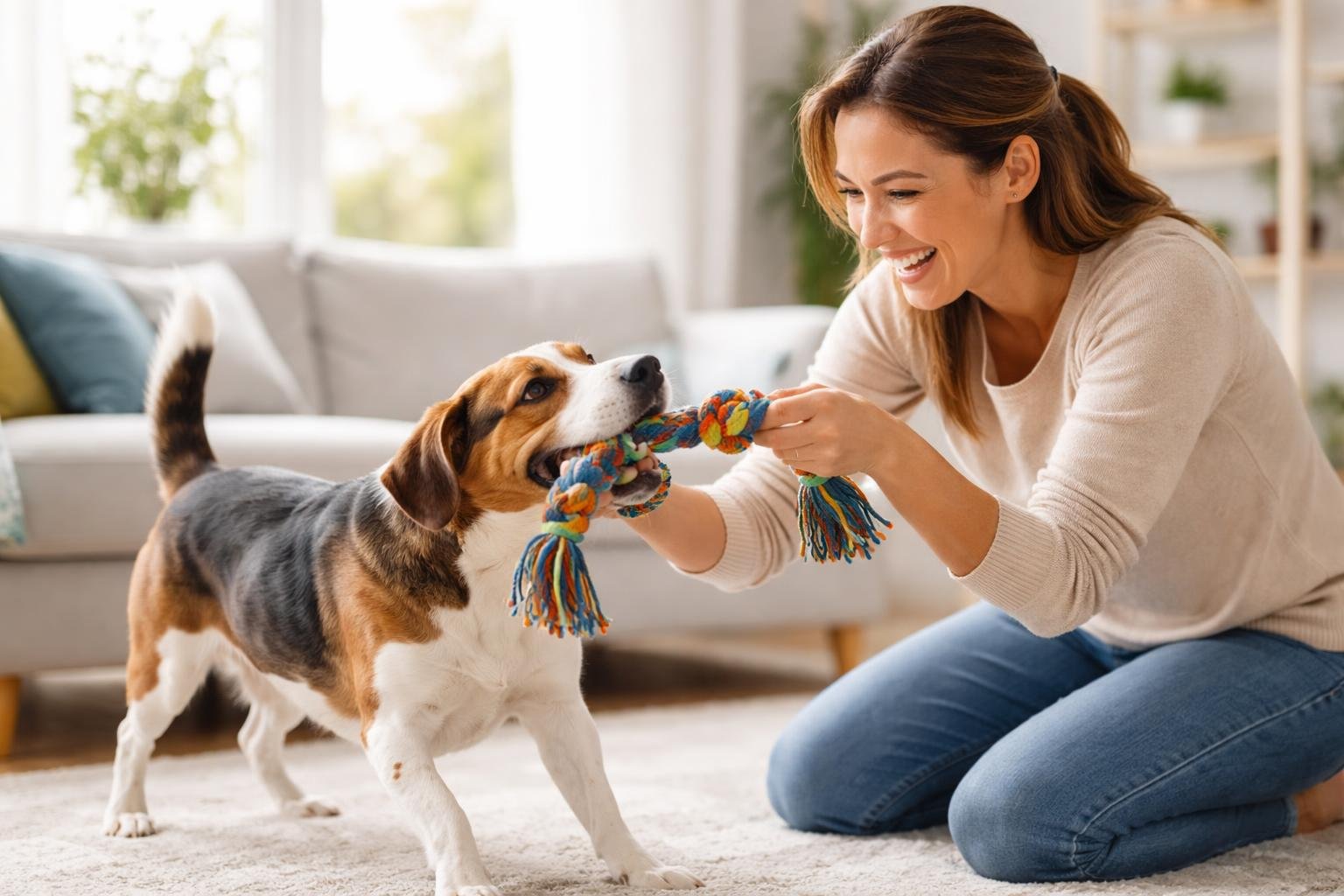 An adult playing with a happy dog using a toy in a bright living room.