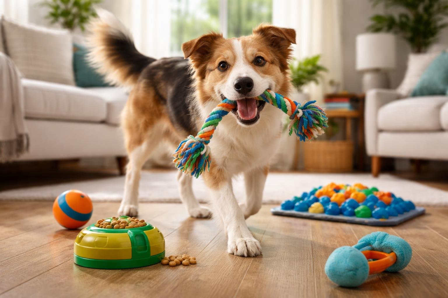 A happy dog playing with toys in a bright, cozy living room.