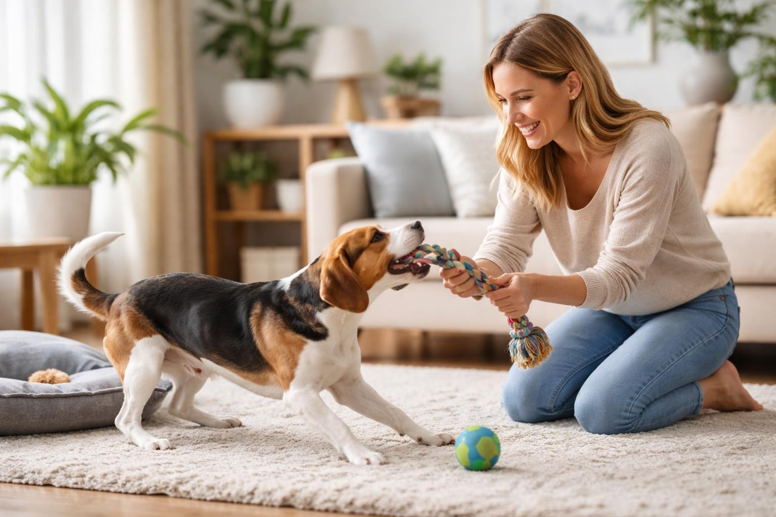 A person playing with their dog indoors using toys in a bright living room.