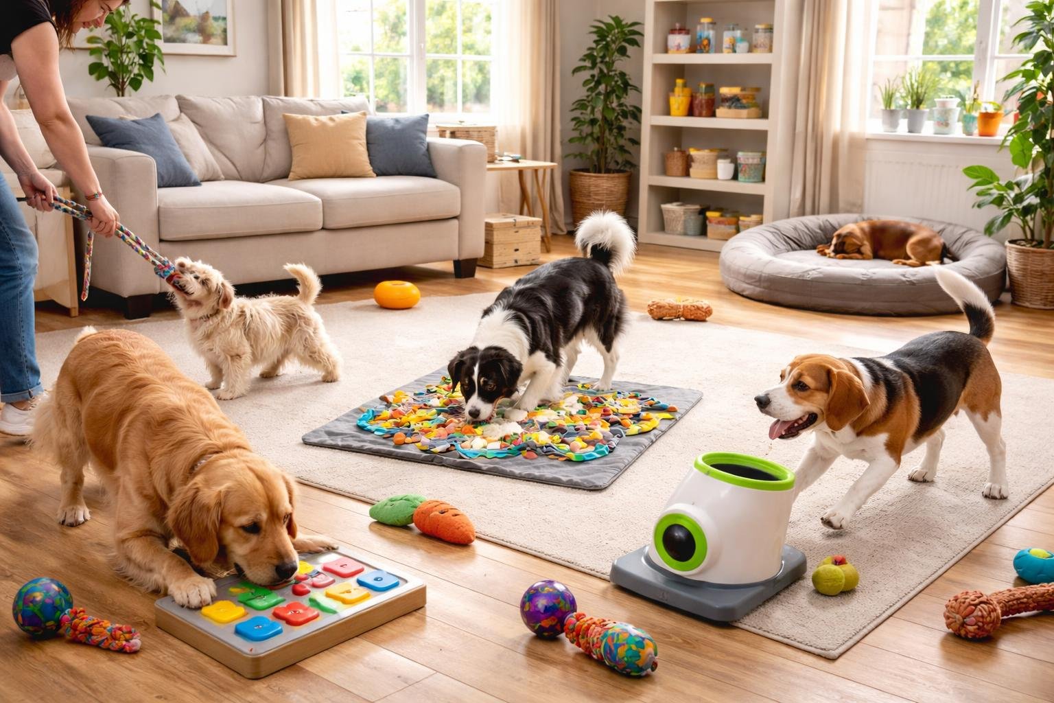 Several dogs playing with different toys and puzzles inside a cozy living room.
