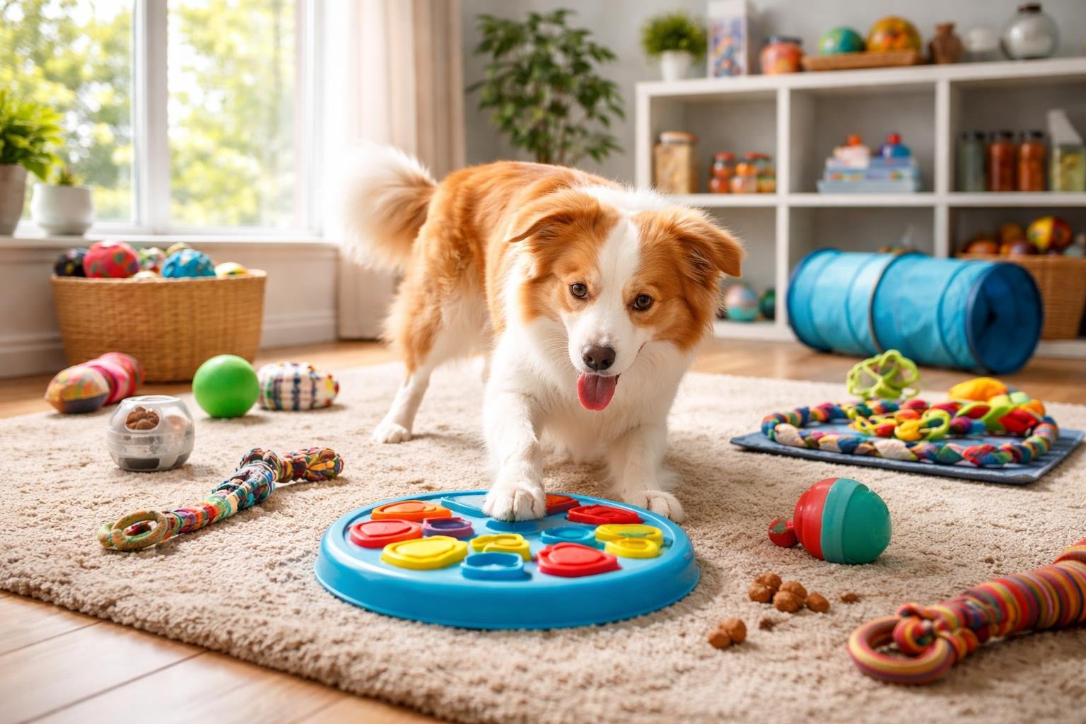 A happy dog playing with interactive toys in a bright, cozy indoor living room.