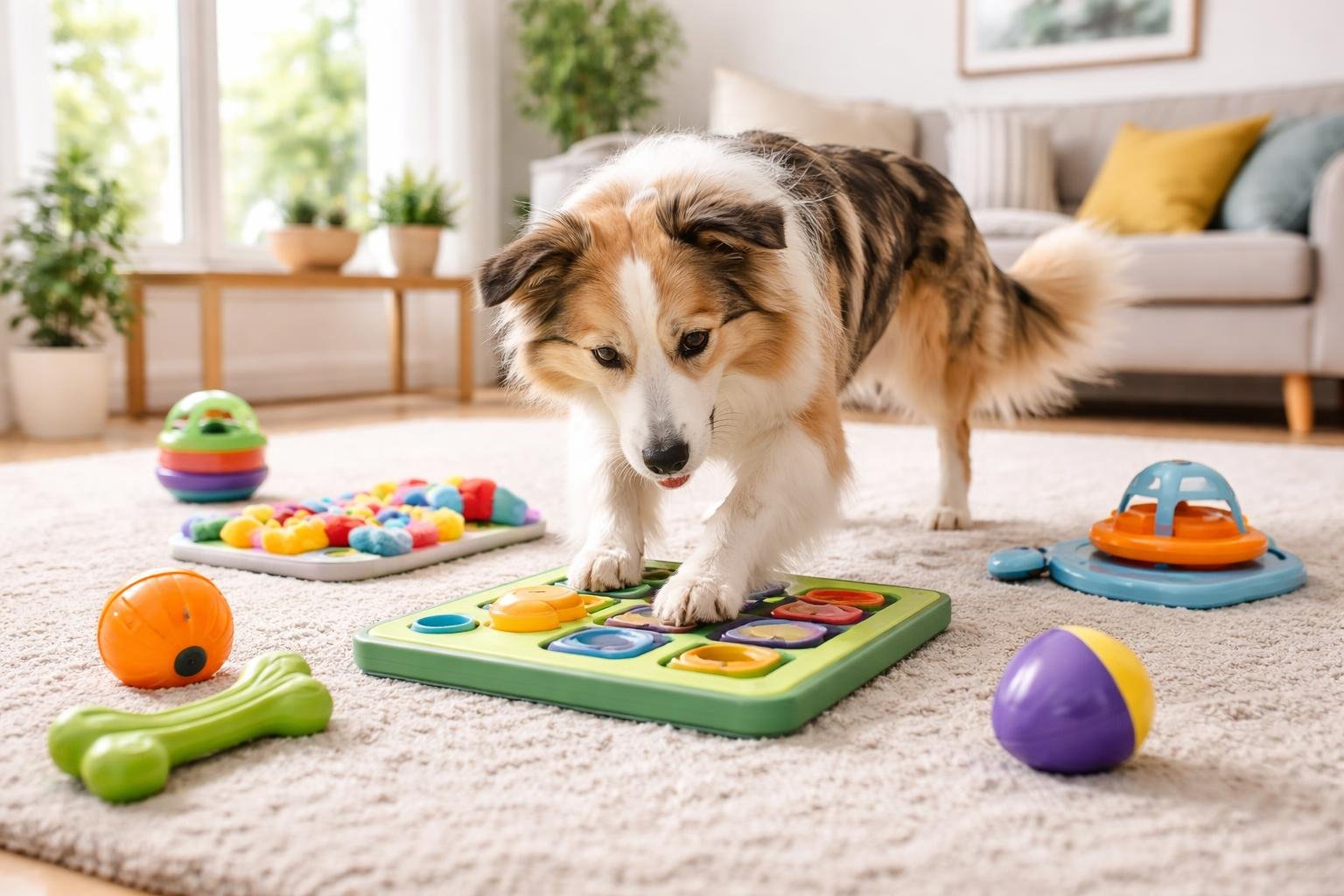 A dog playing with interactive toys on a rug in a bright living room.