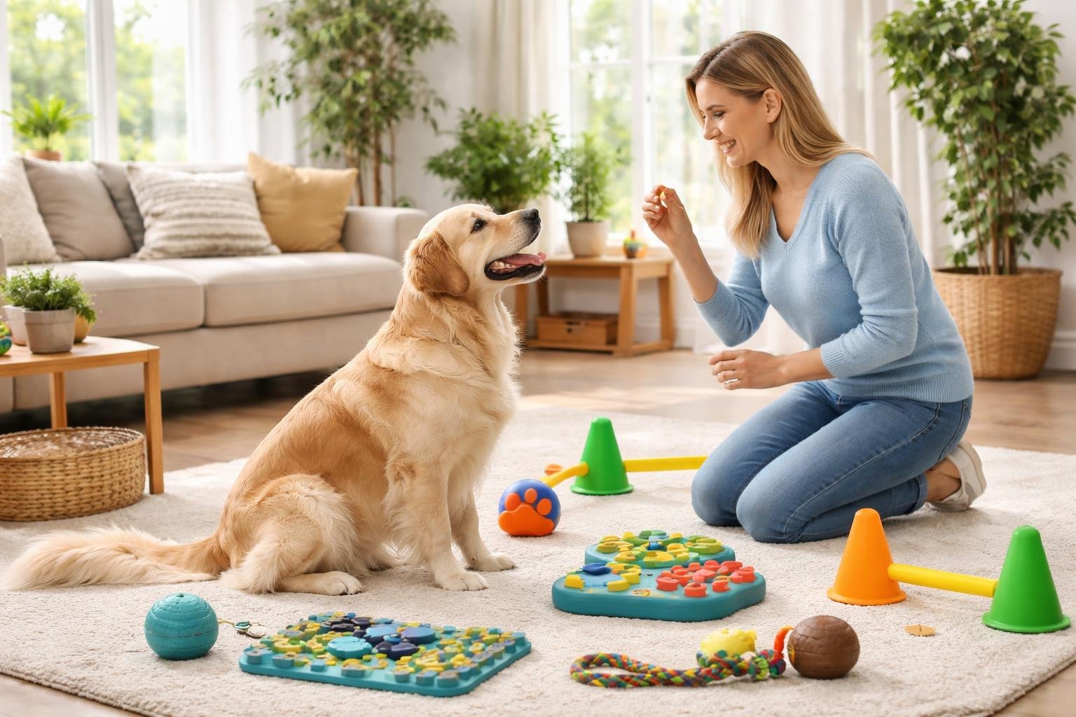 A person training a dog indoors using treats and toys in a bright living room.